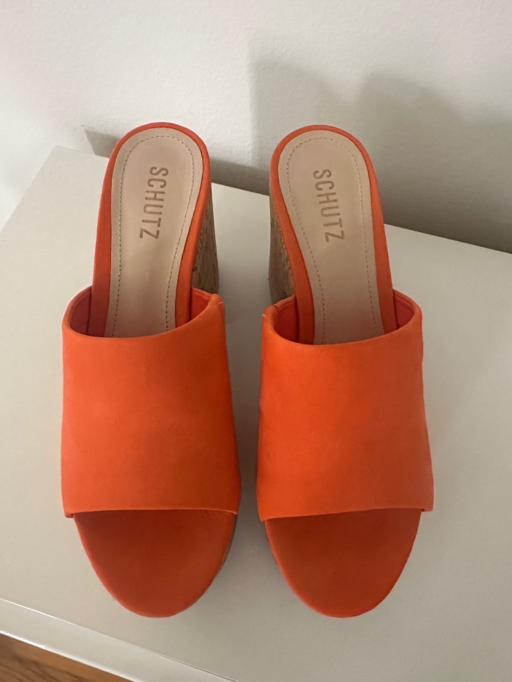 SCHUTZ Orange Suede Slip-On Wedge Mules